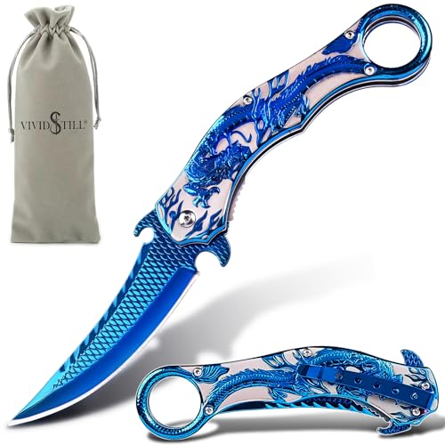 Vividstill cool Blau Drache Klappmesser für Männer, cool Klappmesser Taschenmesser mit Titanplattiert Prägen 3D Drache, gute Geschenk Edc Messer für Männer Outdoor Überleben Camping
