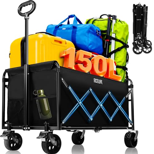 Bollerwagen Faltbar, Handwagen faltbar 150L Tragkraft 150KG mit verstellbarem Griff, Offroad-Rädern für Camping Garten Outdoor 94x43x42cm