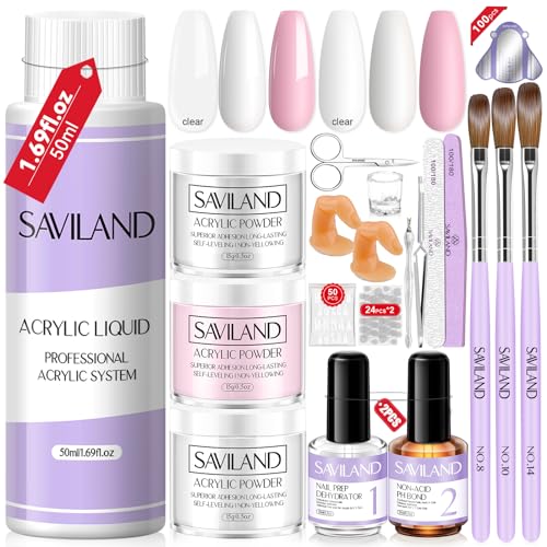 SavilandAcryl Nagelset Starterset: 3 Farben Pulver 50ml Liquid Set - mit Primer Dehydrator und Acryl Pinsel, Acryl Nägel Set für Anfänger nägel selber machen DIY