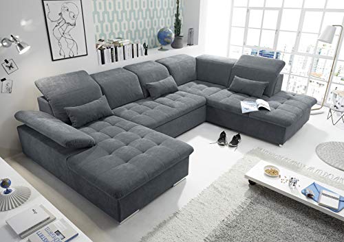Stella Trading WAYNE Wohnlandschaft in U-Form, Stoffbezug Anthrazit - Ausziehbares Sofa mit Schlaffunktion & Bettkasten - 340 x 81 (104) x 188 (240) cm (B/H/T)