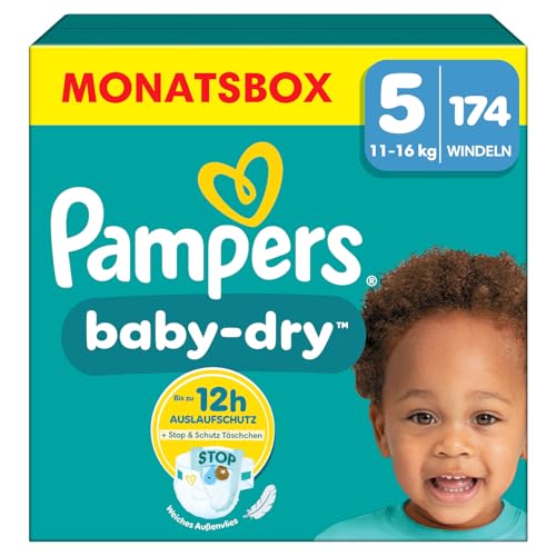 Pampers Baby-Dry Größe 5, 174 Windeln, 11kg-16kg, Bis zu 100% Auslaufschutz & Komfort die ganze Nacht