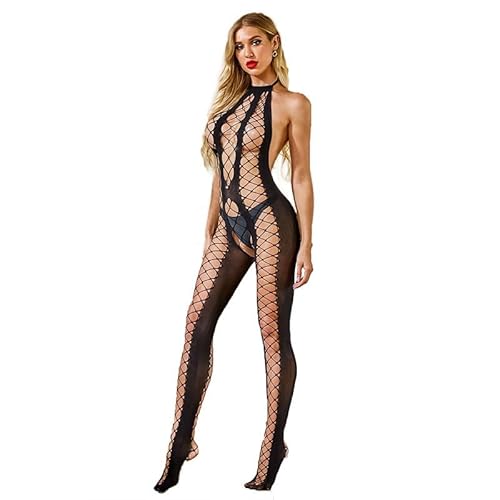 KeyinBox Sexy Dessous Damen für reizwäsche Sex Damen Bodystocking Neckholder Rückenfrei Catsuit Ouvert Schwarz Sexy Unterwäsche Pyjama aus Seide Strümpfe