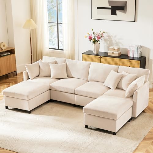 Ligterra Wohnlandschaft U Form, Modulares Sofa mit Schlaffunktion, Schlafsofa, Chenille-Stoff, mit 2 Beweglichen Fußhockern & 4 Kissen, 278×161×81cm (Beige)