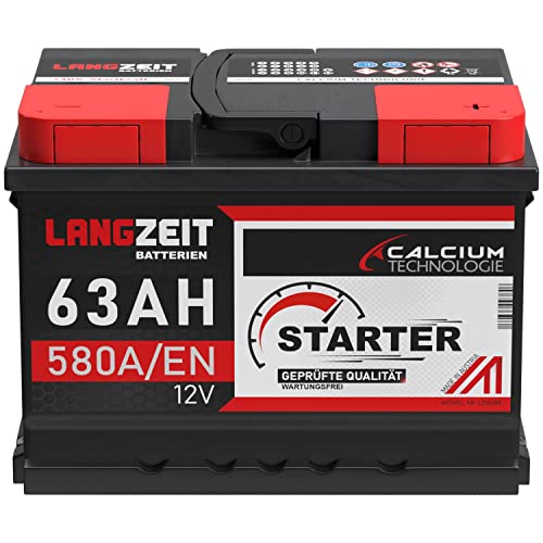 LANGZEIT lead acid, Autobatterie 63AH 12V 580A/EN Starterbatterie +30% mehr Leistung ersetzt Batterie 60AH 54AH 55AH 56AH 62AH 65AH, Kompatibel mit PKW