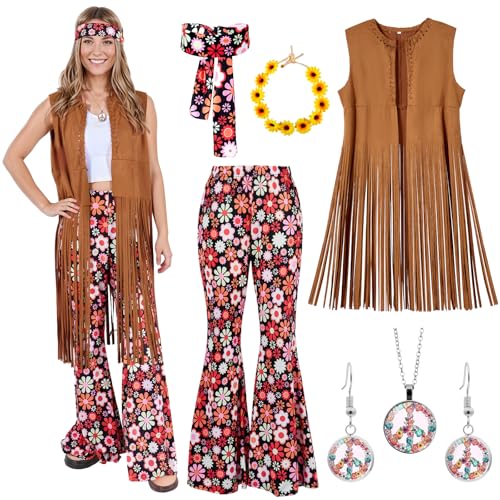 COSBERY Faschingskostüme Hippie Kostüm Damen Set, 60er Jahre Outfit 70er Jahre Kostüm Damen, Braun Weste und Hose, Hippie Accessoires mit Peace Halskette, Ohrringe, Stirnband für die Karnevalsparty