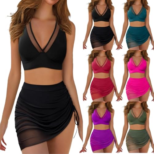 Bikini Damen Set, Bikini Schwarz Damen Oberteil Mit Rock Badeanzug Zweiteilig High Waist Bademode Swimwear Women Push Up Beachwear Spitze Strandbekleidung Swimsuits 2 Teiler Schwarz XL