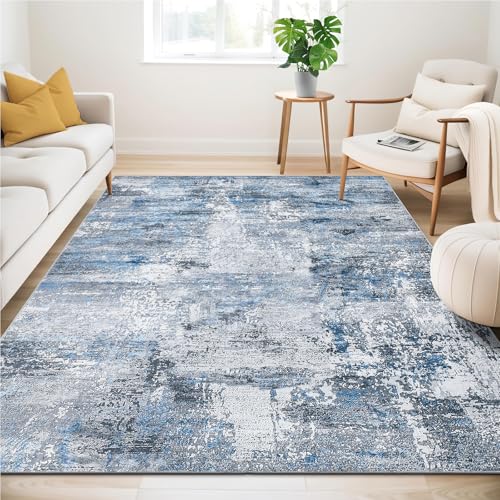 Guchuang Bedding Teppich Wohnzimmer 140x200cm, Blau-Grau Teppich Vintage Meliert Verwischt Design Kurzflor Teppiche, Waschbar rutschfest Teppiche für Schlafzimmer