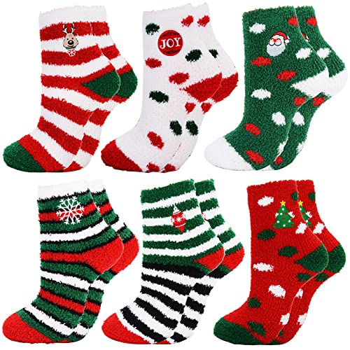 Fascigirl 6 Paare Weihnachtssocken Kuschelsocken Flauschige Weihnachten Socken Lustige Winter Warme Bettsocken Adventkalender Christmas Wichtelgeschenk Geschenk für Frauen Damen