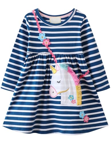 Kleid Mädchen Langarm Baumwolle Jersey A-Linie Freizeitkleidn Einhorn Kleider für Mädchen Gr. 5 Jahre