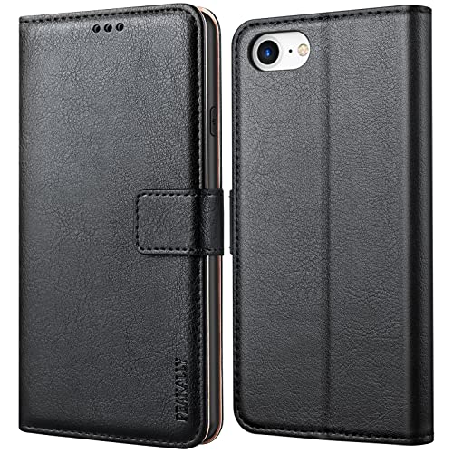 Peakally Handyhülle für iPhone SE 2022/SE 2020/iPhone 8/iPhone 7/iPhone 6S/iPhone 6 Hülle Leder Flip Klappbare Stoßfeste Magnetische [Standfunktion] [Kartenfächern] Schutzhülle- Schwarz