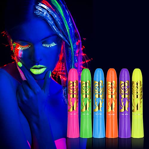 AOOWU UV Bodypainting, 6 Farben Neon UV Schminke Set, Waschbar Schminkstifte Schminkfarben, Face Paint Schminkset, Körperfarbe UV Buntstifte für Halloween Karneval Make-up Fasching