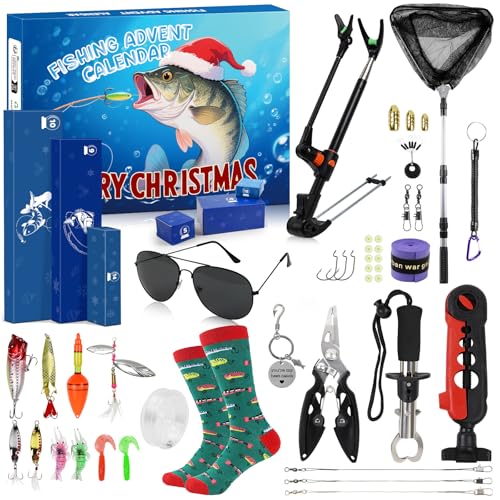 Angel Adventskalender 2025 für Männer – 24-tägiger Angelzubehör Adventskalender mit Angelrutenhalter, Fischlippengreifer, Hakenklemme, Weihnachts Countdown Kalender für Vater, Ehemann oder Freund