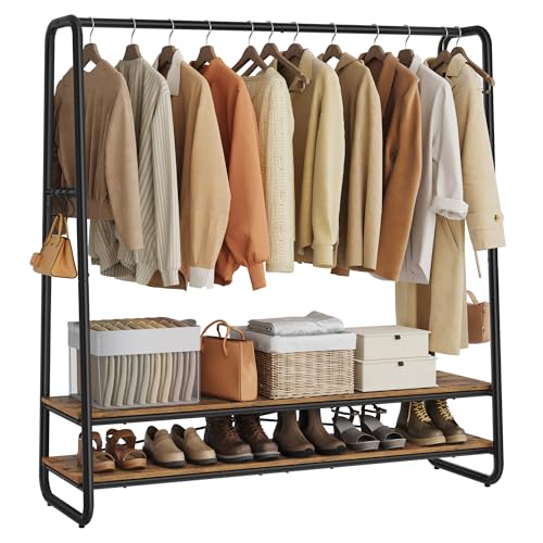 VASAGLE Kleiderständer, Garderobenständer, Garderobe, 2 Ablagen, 6 Haken in S-Form, Stahlgestell, 45 x 138 x 160 cm, für Schlafzimmer, Flur, Eingangsbereich, vintagebraun-schwarz RGR119B01