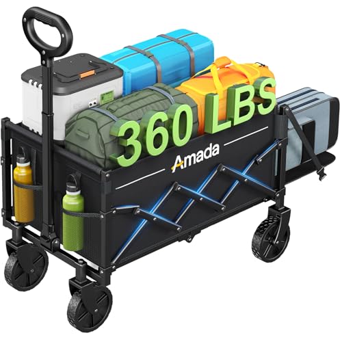 AMADA HOMEFURNISHING Bollerwagen faltbar, klappbarer Bollerwagen mit Maximalbelastung 163kg & Speicherung, Faltbarer Handwagen 90L mit 2 Getränkehaltern für Outdoor, Lebensmittel, Garten & Cam