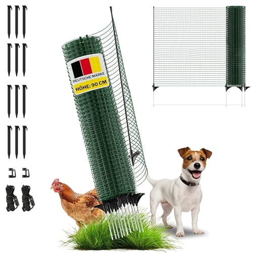 horizont Begrenzungszaun FIX, mobiler Zaun 90 cm hoch, 25m lang, engmaschig, 15 Pfähle aus Fiberglas, grün, Beetschutz, Gartennetz, Campingzaun, Hundezaun, Absperrzaun, Steckzaun