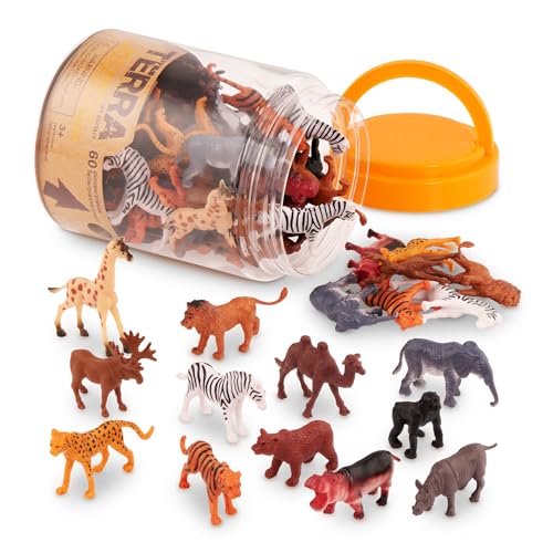 Terra 60-teilig Tierfiguren Sammlung Wildtiere Spielzeug Set – Löwe, Tiger, Zebra, Nilpferd, Elefant, Elch, Kamel und mehr – ab 3 Jahren, 2