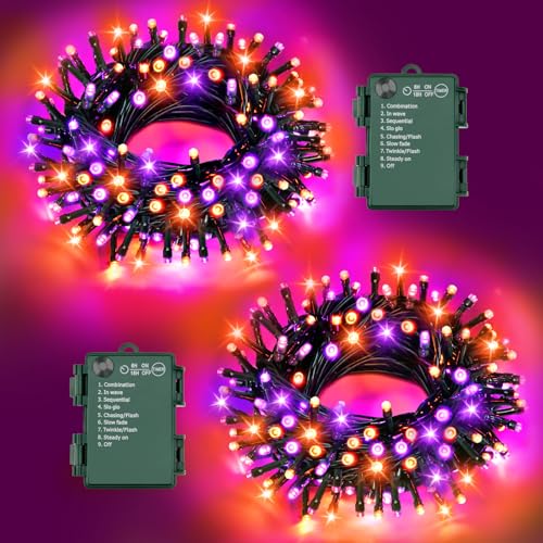 FFZZKJ Halloween Lichterkette Batterie Insgesamt 100LED 10M mit Timer 8 Modi Wasserdicht Lichterkette Außen Innen 50LED*2 5M*2 für Halloween Deko Outdoor, Orange&Lila