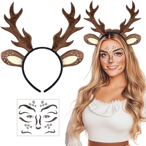 iZoeL Halloween Kostüm Damen Mädchen, Haarreif Reh Geweih Hörner Rehohren + Reh Gesichtstattoo, Damen Kinder Reh kostüm Kopfschmuck Haarreifen Fasching Mottoparty Karneval Kostüm