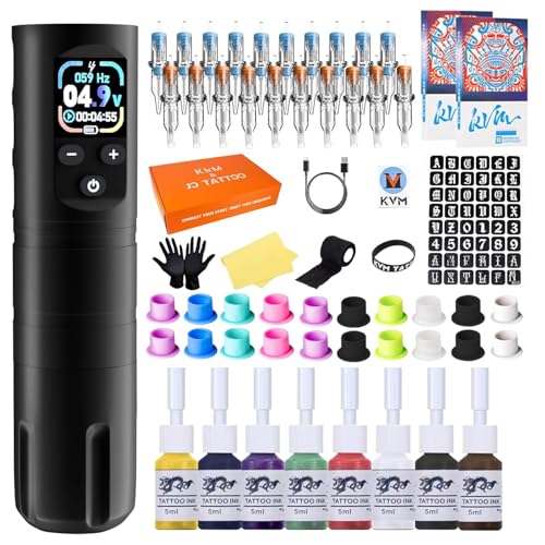 KVM Wireless OLED Tattoo Pen Set, Tattoo-Nadelkartusche Wireless Rotary Tattoo Gun Set 1600mAh Enthält 57 Tattoo-Zubehörteile Geeignet für Anfänger oder professionelle Tattoo-Künstler Tattoos Kosmetik