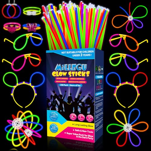 Millegu Knicklichter Party Set,100 Stück Leuchtstäbe 130 Verbinder,Neon Knicklichter Ketten und Leuchtbrillen für Kinder, Deko für Festival Hochzeiten Weihnacht Party Silvester Deko 2026