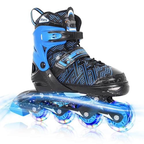 Nattork verstellbare Inline-Skates für kleine Kinder Jungen mit leuchtenden Rädern - Blue Child Blade Rollschuhlaufen für Anfänger Größe 32 33 34 Alter 7 8 9 10