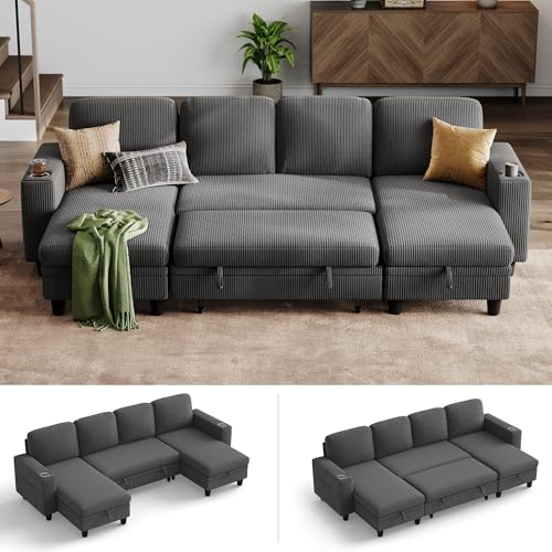 LINSY HOME Schlafsofa Ausziehbarer Couch, Ecksofa mit Schlaffunktion, Stauraum, Cord-Bezug L-Form Modulare Sofas mit Chaiselongue für Wohnzimmer und Wohnungen (Dunkelgrau, U-Form)