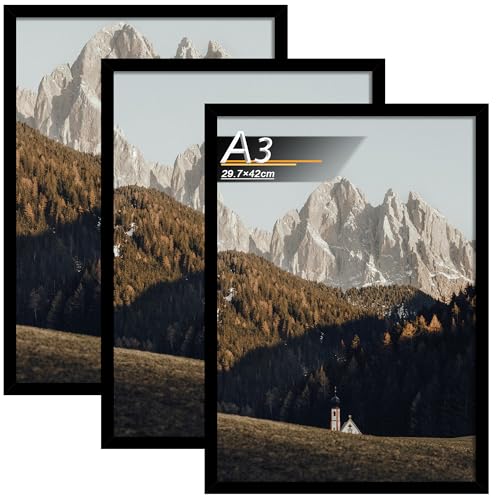 Tinkeps 3er Pack Bilderrahmen A3 (29,7x42 cm) Schwarz, Bilderrahmen Hergestellt aus Holzwerkstoff, Rahmen A3 Ideal für Fotos, Bilder, Poster