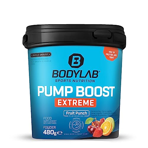 Bodylab24 Pump Boost Extreme Fruchtpunsch 480g, mit Aminosäuren, Koffein und verschiedenen Pflanzenextrakten, der Boost für das nächste Workout