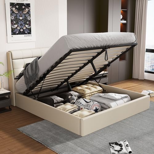 Polsterbett 140x200cm, Boxspringbett mit hydraulisches Bettkasten, Bett mit Lattenros, Verdeckte Stauraum Kopfteil, Doppelbett Jugendbett Bettrahmen, Kunstleder, Ohne Matratze (Cremeweiß, 140x200 cm)