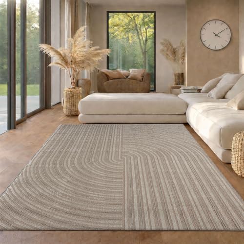 VIMODA Kurzflor-Teppich Boho modern – Dünner Wohnzimmer- & Schlafzimmerteppich mit 3D Hoch-Tief-Effekt, pflegeleicht,Maße:160x230 cm;Farbe:Taupe