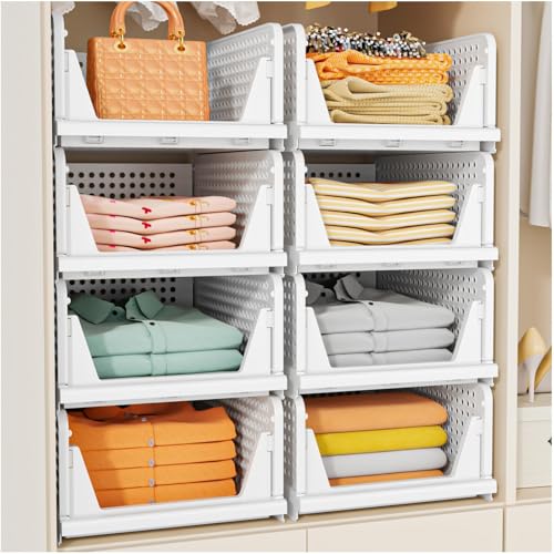 SNSLXH 5 Pack Stapelbar Schrank Kleiderschrank Organizer, Multifunktionale & Faltbare Organizer für Bad Küche Lagerung, Platzsparende Schublade aufbewahrungsbox, Weiß