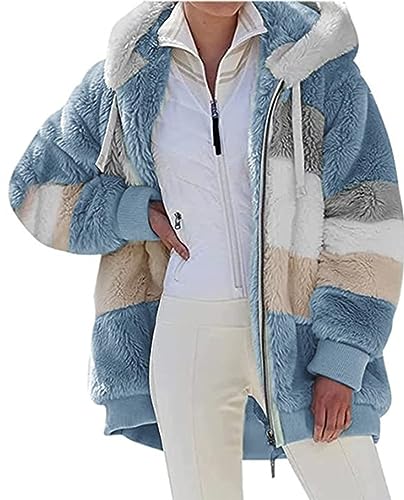 Fleecejacke Hoodie Damen Kapuzenpullover Teddy-Fleece Warm Herbst Wintermantel Stilvoller ReißVerschluss Fellmantel PlüSchjacke Mit Taschen (Blau, L)