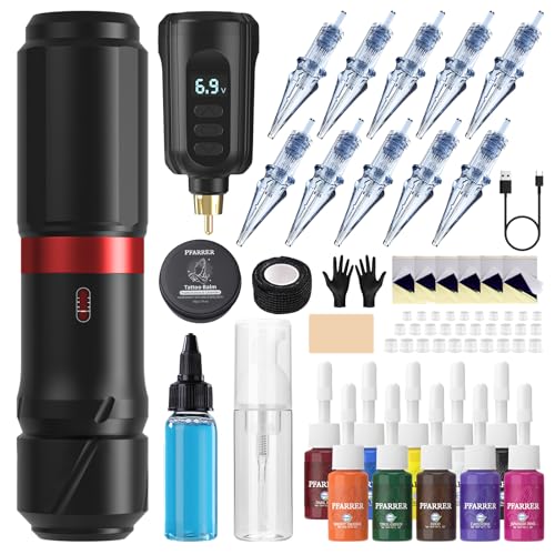 PFARRER Tattoo Maschine Set with 4 Modes 1500mAh Akku LCD Digital 10PCS Tattoo Cartridge 10 Tattoo Inks Kompletter Tattoo Zubehör PRP83KIT-1
