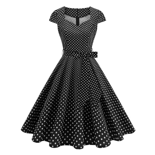 Odizli Rockabilly Kleider Damen 50er Jahre Elegant Sommer Vintage Polka Dot Kurzarm V Ausschnitt Knielang Petticoat Swing A-Linien Coctailkleid Festlich Hochzeit Hochzeitsgäste Sommerkleid Schwarz L