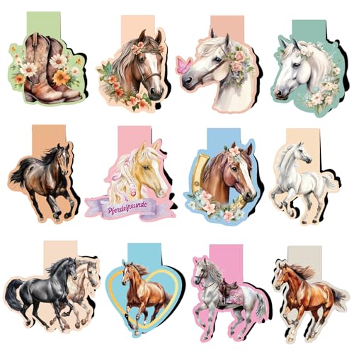 MEJOSER 12 Stück Pferd Lesezeichen Magnetisch auf Deutsch Pferde Mädchen Geschenk Schultüte Füllung Weihnachtsgeschenke Magnetische Lesezeichen Magnet Mitgebsel Kindergeburtstag Einschulung Geschenke