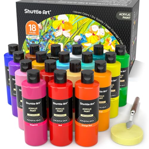 Shuttle Art Acrylfarben Set, 18 hochpigmentierte Acrylfarben in Flaschen (je 250ml, 8,45oz), Premiume Acrylfarben für Künstler, Anfänger und Erwachsene auf Steine, Leinwand, Holz geeignet