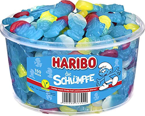 Haribo Schlümpfe in Runddose, 1.35 kg Dose, 150 Schlümpfe für alle Liebhaber der kleinen Bewohner aus Schlumpfhausen mit Geschmacksrichtung Erdbeere und Himbeere