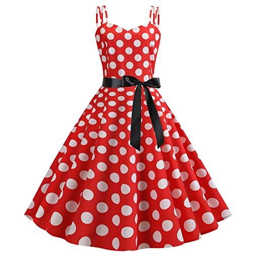 Rockabilly Kleider Damen 50er Jahre Vintage Retro 50s Petticoat Kleid Sommer Spaghettiträger Polka Dot Swing Pettycoatkleider Faltenrock Festlich Partykleid Coctailkleid Ballkleid Abendkleid Rot M