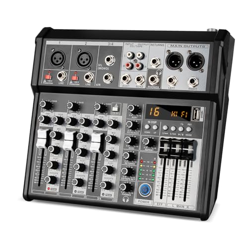 Depusheng Professioneller Audiomixer, 4-Kanal-Audio-Interface-Soundboard-Mischpultsystem, 16-Bit-DSP-DJ-Bluetooth-Mixer + 48-V-Phantomeffekt für Karaoke-Studio-Streaming-Aufnahmen (XT4 EU)