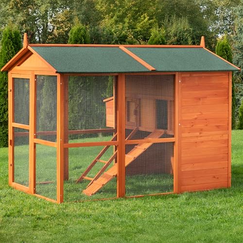 Miweba MyAnimal Hühnerstall MH-15 XXL | 186x146x147 cm - Für 7 Hühner - Nistkasten mit Freilaufgehege - Sitzstange - Winterfest - 2 Ebenen - Hühnerhaus mit Eiablage - Kiefernholz - Voliere (Braun)