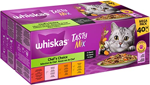 WHISKAS 1+ Katzenfutter nass - ab 1 Jahr - 40x85g Portionsbeutel - Katzennassfutter in Sauce – Hochwertiges Nassfutter für Katzen - Großpackung