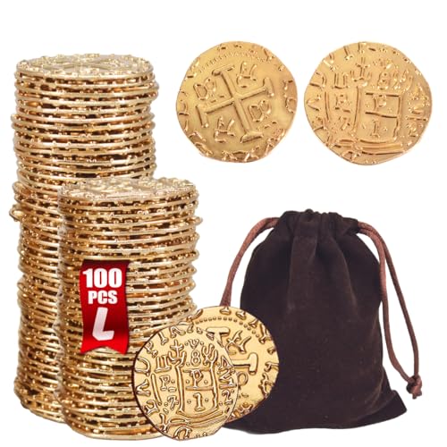 ZUCOS Piraten Münzen Zubehör,Goldmünzen-Set, Metall Goldtaler Deko Dublonen für DND Brettspiele, Cosplay, Realistische Mittelalter Geld-Imitation, Piratenschatz (100 PCS)