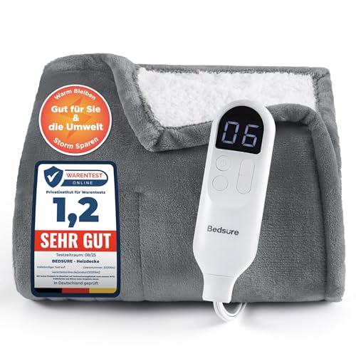 BEDSURE Heizdecke Heizdecke mit Abschaltautomatik - Wärmedecke mit 6 Heizstufen & 10 Stunden Timer, bis zu 8 Stunden Überhitzungsschutz, Elektrische Kuscheldecke für Home & Office, 130x180 cm, Grau