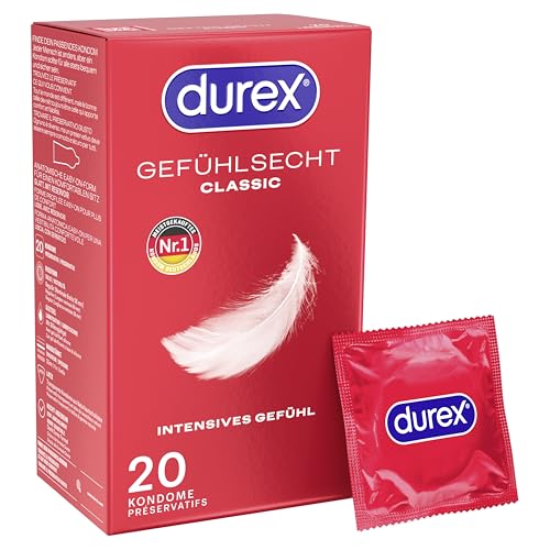 Durex Gefühlsecht Classic Kondome - Perfekter Sitz & leichtes Abrollen mit zuverlässigem Schutz - Hauchzarte, dünne, befeuchtete, transparente Kondome mit angenehmem Geruch - 20er Pack (1 x 20 Stück)