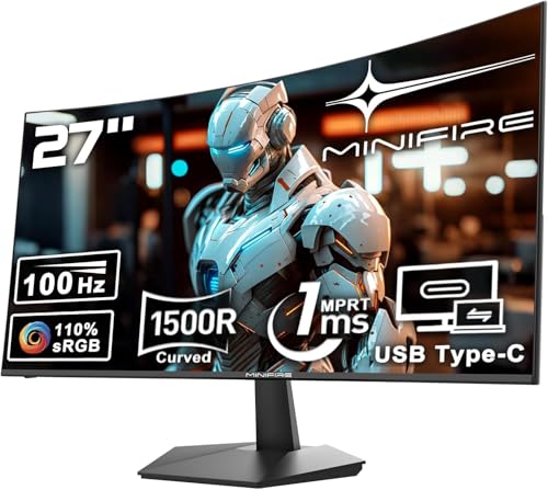 Minifire Curved Monitor 27 Zoll 100Hz, PC Bildschirm mit Lautsprecher -1500R FHD (1920 x 1080p) VA Panel, MPRT 1ms, sRGB110%, Less Blue Light, HDMI 1.4, Type-C 2.5W, unterstützt VESA - Schwarz