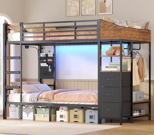 Hochbett 90x200 Jugendbett mit Treppe und Rausfallschutz Bunk Bed mit LED Beleuchtung und Ladestation Modernes Etagenbett mit Garderobenständer und Stauraum für Kinder Jugendliche und Erwachsene