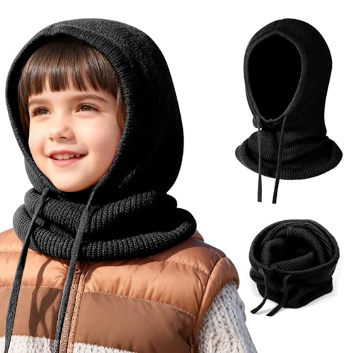 TAGVO 2 in 1 Kinder Sturmhaube mit Kapuzenschal, Winddichte Strickmütze Wintermütze Weicher Winter Strickschal mit Mütze, Einteiliges Hut und Nackenwärmer Set für Mädchen Jungen 4-10 Jahre