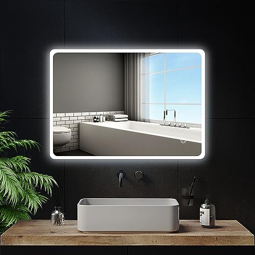 Youyijia LED Badspiegel mit Beleuchtung, 70 x 50 cm Wandspiegel Badezimmerspiegel Kaltweiß 6000K Energiesparend Lichtspiegel