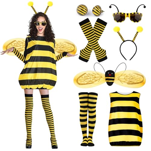 Bienenkostüm Erwachsene Damen mit Bienen Kostüm Kleid Flügel Haarreif Handschuhe Beinsocken Brille Karneval Kostüm Bienen Damen Biene Kostüm kleidung Frauen für Faschingskostüm Verkleidung (M)
