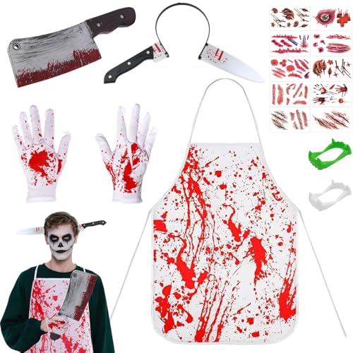 Taechalingo Halloween Kostüme Herren,Halloween Schlachter Kostüm,Metzger Schürze Halloween,Blutige Schürze für Herren,Blutige Handschuhe,Axt Stirnband,Hackmesser,Zahn,Temporäre Tattoo